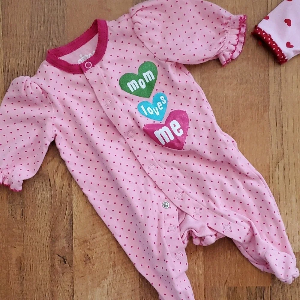 Circo Girls Pink polka Dot Mom Footie and Carters‎ Pink Heart Footie 3M